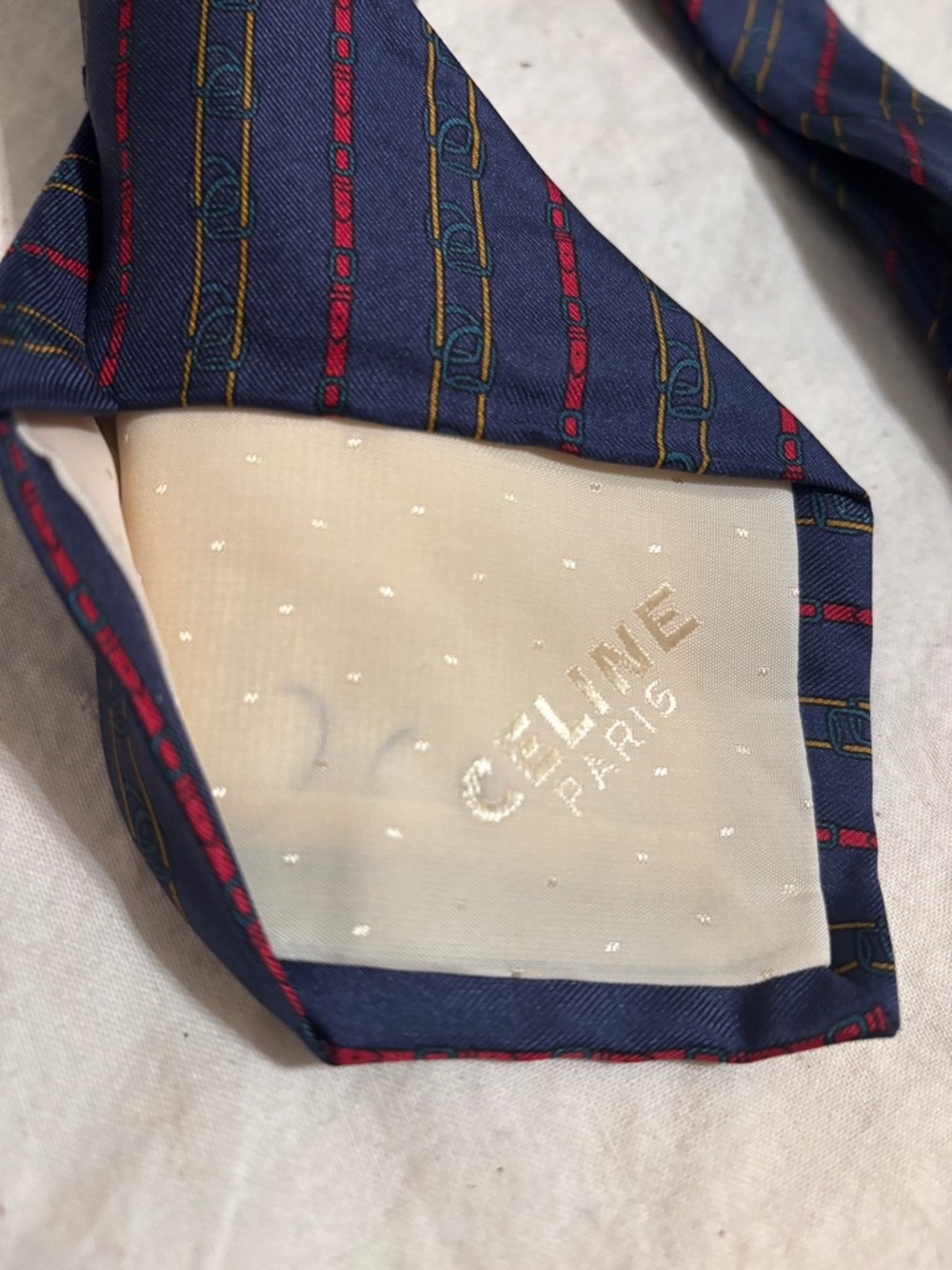 Celine Navy Silk Tie with Red and Gold Diagonal Stripes - Picture 2 of 6